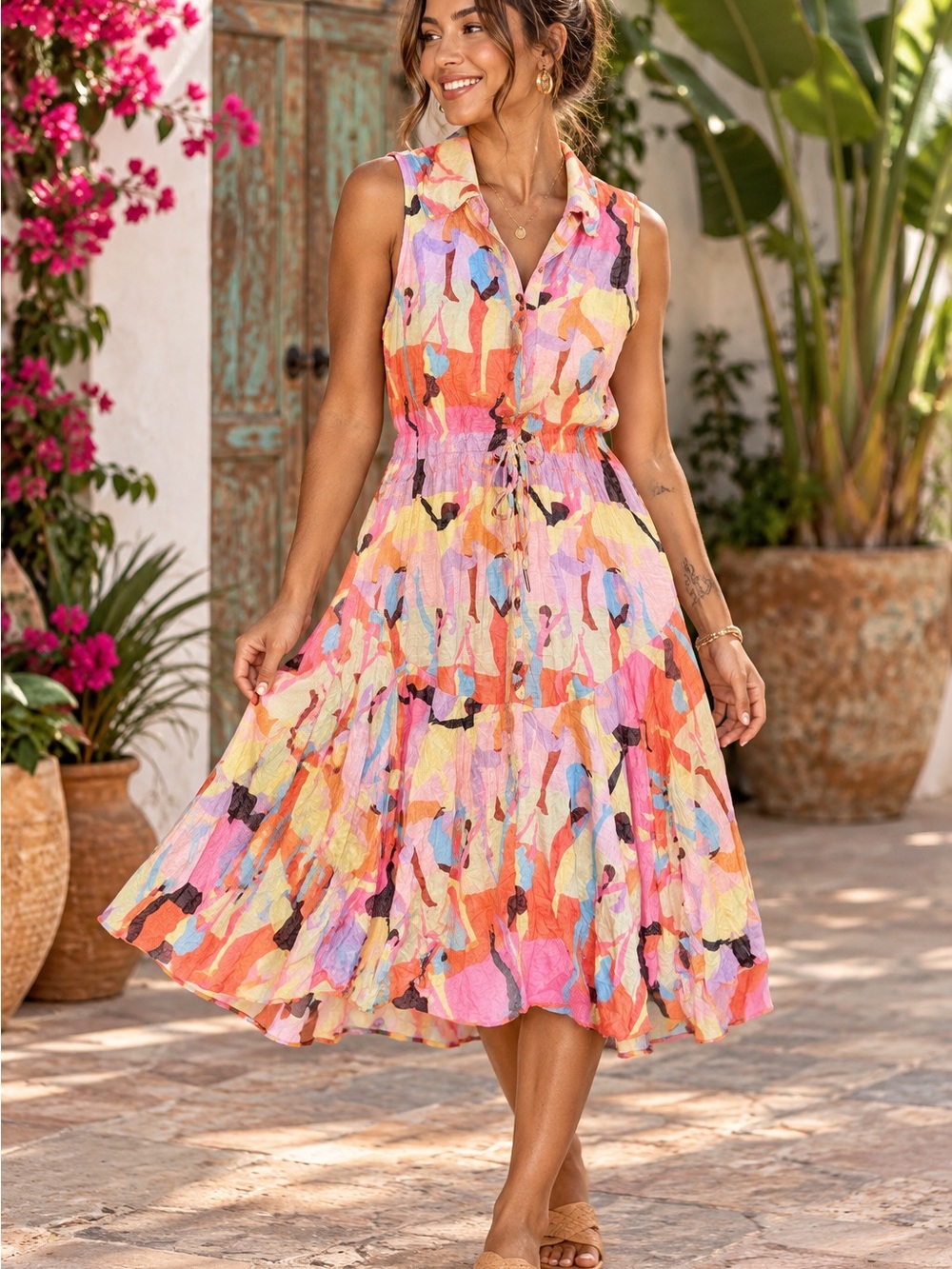 CARINE Sunset Dance Midi Dress XS NWT Colorful Abstract Sleeveless $154